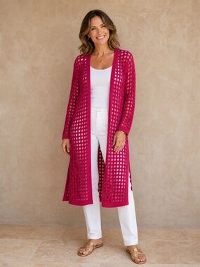 Marla Wynne Layers Open Knit Duster Cardigan NWT Magenta Cotton Topper M